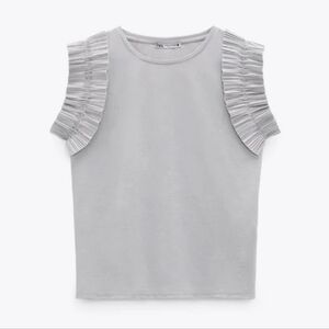 NWT ZARA Light GRAY Sleeveless Contrast RUFFLE TOP Shirt Size S